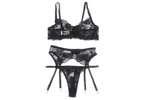 subblime set de 3 piezas sujetador tanga liga estampado floral negro s m