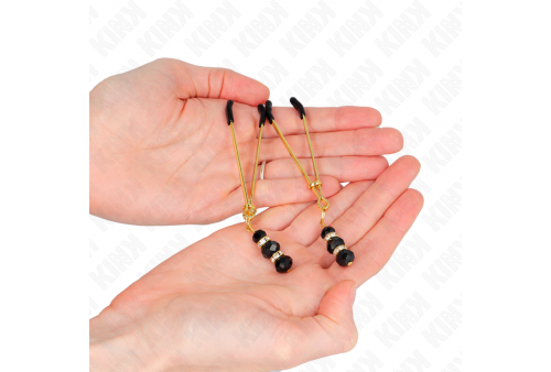 kink pinzas para pezones dorada fina con triple bola de vidrio negro 7 cm