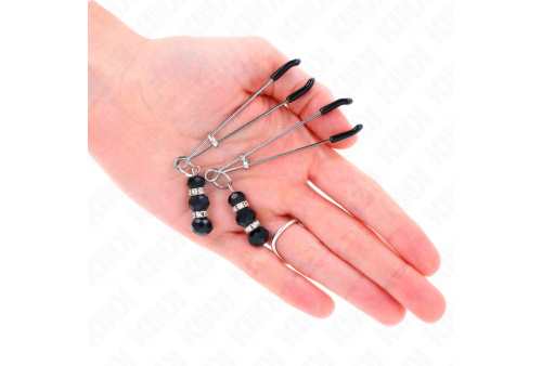 kink pinzas para pezones plateada fina con triple bola de vidrio negro 7 cm