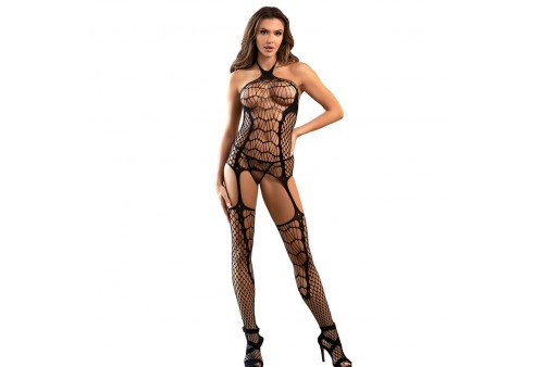 subblime 952105 bodystocking crotchless de rejilla con cuello halter y espalda abierta negro talla única