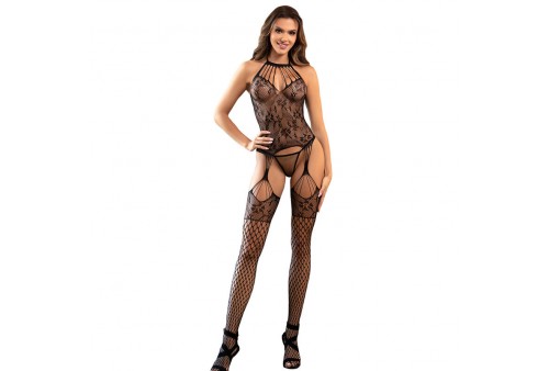 subblime 952136 bodystocking crotchless de rejilla con detalles florales y cuello halter negro talla única