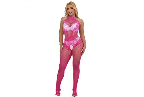 subblime 952389 bodystocking crotchless de rejilla y encaje con cuello alto rosa talla única