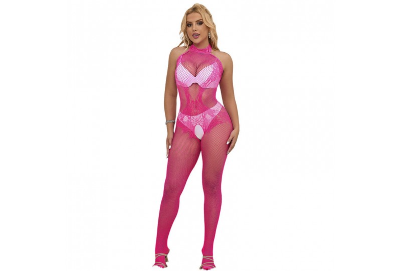 subblime 952389 bodystocking crotchless de rejilla y encaje con cuello alto rosa talla única