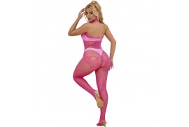 subblime 952389 bodystocking crotchless de rejilla y encaje con cuello alto rosa talla única