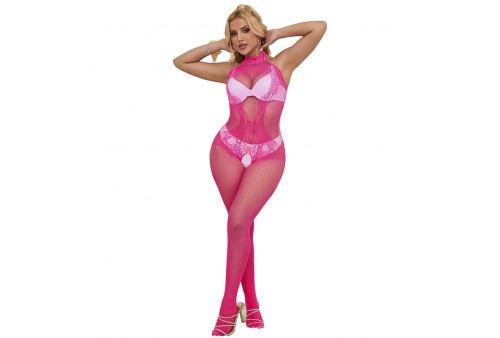 subblime 952389 bodystocking crotchless de rejilla y encaje con cuello alto rosa talla única