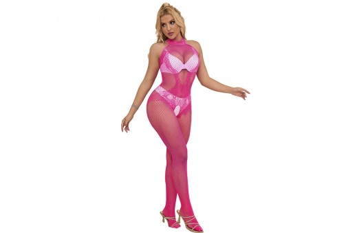 subblime 952389 bodystocking crotchless de rejilla y encaje con cuello alto rosa talla única