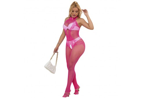 subblime 952389 bodystocking crotchless de rejilla y encaje con cuello alto rosa talla única