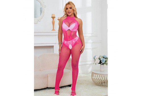 subblime 952389 bodystocking crotchless de rejilla y encaje con cuello alto rosa talla única