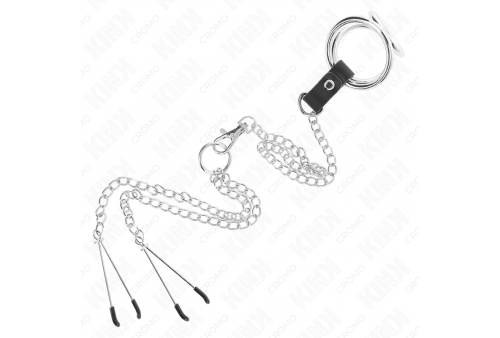 kink anillo pene triple metal cromado 38 cm a 5 cm con cadena metal 26 cm y pinzas para pezones modelo 2