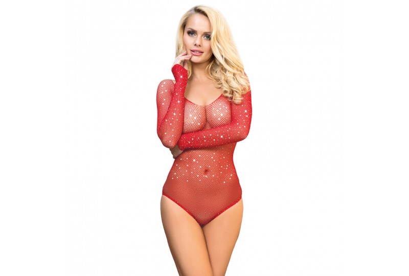 subblime 952303 bodystocking de rejilla brillante con hombros descubiertos manga larga rojo talla única