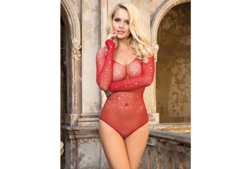 subblime 952303 bodystocking de rejilla brillante con hombros descubiertos manga larga rojo talla única