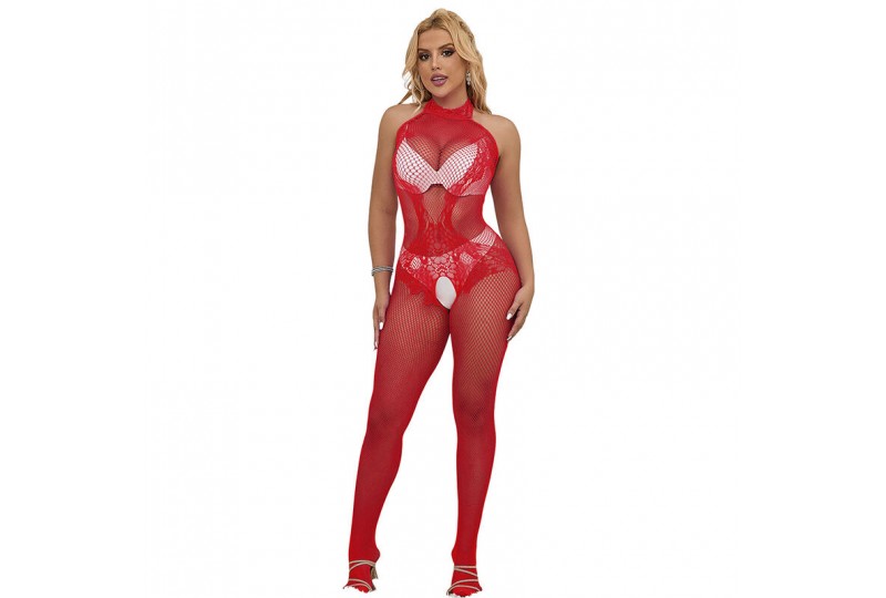 subblime 952372 bodystocking crotchless de rejilla y encaje con cuello alto rojo talla única