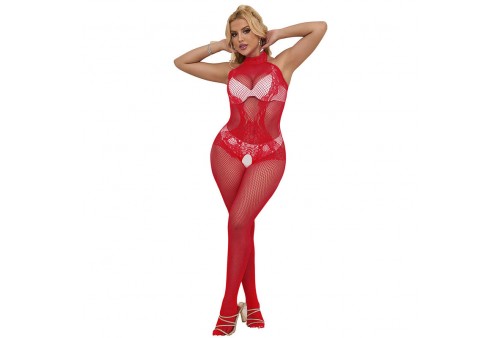 subblime 952372 bodystocking crotchless de rejilla y encaje con cuello alto rojo talla única