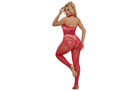 subblime 952372 bodystocking crotchless de rejilla y encaje con cuello alto rojo talla única