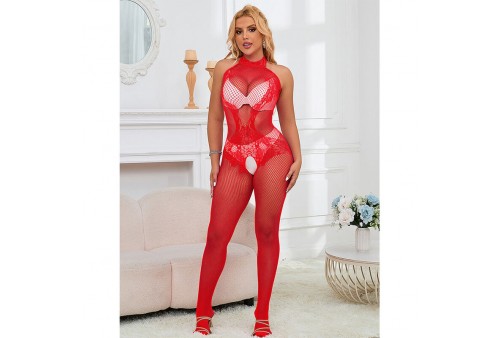 subblime 952372 bodystocking crotchless de rejilla y encaje con cuello alto rojo talla única