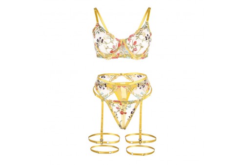 subblime 954352 sujetador tanga ligueros diseño floral amarillo l xl