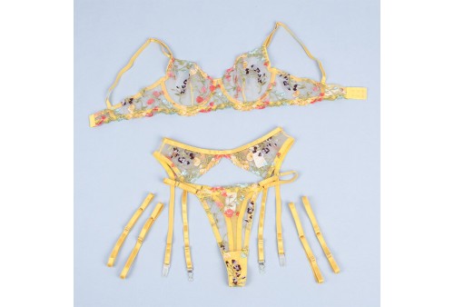 subblime 954352 sujetador tanga ligueros diseño floral amarillo l xl