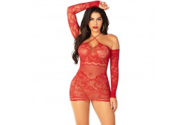 leg avenue minivestido de rejilla con hombros descubiertos y manga larga rojo