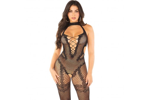 leg avenue bodystocking crotchless de rejilla negro talla única